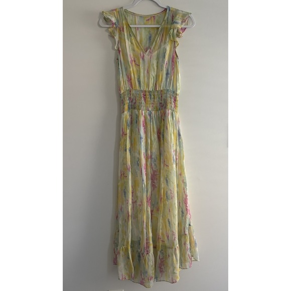 Anthropologie Dresses & Skirts - Anthropologie Dress Women 0 Watercolor Smocked Waist Flounce Hem Split Neck Maxi